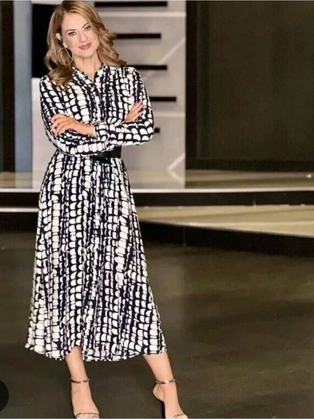 Zara Geometric Print Shirt Dress XXL Black White Abstract Mod Maxi Button Front - Picture 4 of 13